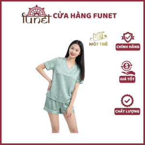 Bộ đồ ngủ nữ Mốt Trẻ lụa Dubai nhăn màu xanh mint áo cổ V viền trắng tay ngắn quần short form suông thoải mái