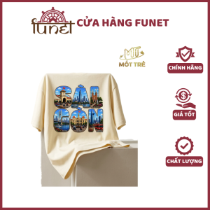 Áo thun unisex Mốt Trẻ màu vàng in hình chữ Sài Gòn lồng ghép landmark Chợ Bến Thành Landmark 81 Nhà Thờ Đức Bà Cầu Ba Son UBND Bitexco cotton 250G form oversize tay lỡ