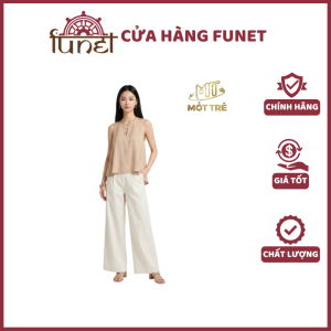 Áo kiểu nữ sát nách Mốt Trẻ màu nâu be chất thun linen nhăn form babydoll xòe nhẹ cổ tròn nút bấm phối quần ống rộng trắng sandal cao gót