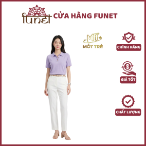 Áo polo nữ Mốt Trẻ màu tím chất thun cotton 2C co giãn 4 chiều cổ bẻ nút gỗ form ôm vừa phối viền cổ bo tay phối quần tây trắng sandal cao gót